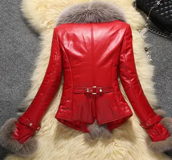 Kış yeni İnce PU deri kısa Faux fox kürk ceket v yaka kalın deri ceket