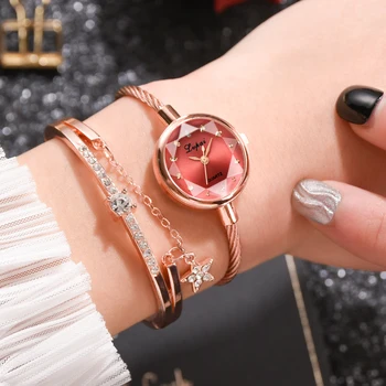 Lvpai Marka Yeni Bayanlar İzle Küçük Gül Altın Bileklik Bilezik Geometrik Cam Yüzey Kadın Saatler Elbise Saat Relogio Feminino