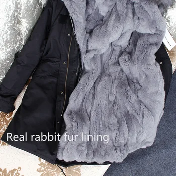 Maomaokong 2020 yeni Kış doğal tavşan kürk astar Ceket ceket Gerçek tilki kürk yaka sıcak uzun bölüm Parker ceket