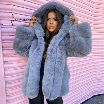 MEİYANGYOUNG Kabarık Kapşonlu faux kürk ceket kadın kışlık mont 2020 Kalın Sıcak Uzun Kollu Kürk Ceket Artı Boyutu kışlık kürk palto
