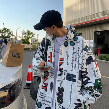 Mektup Baskı Hip Hop Ceketler Genç Kore Moda Trendleri Giyim Erkek Büyük Boy Streetwear Erkek Kapşonlu Rüzgarlık Palto
