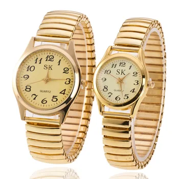 Moda Altın Renk İzle Çift Elastik Kayış kuvars saatler Lüks Yaşlı Kol Saatleri severlerin Saatler Masculino Relojes Rahat
