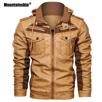 Mountainskin erkek deri ceketler Kış Polar Kalın Erkek Kapşonlu Motosiklet PU Mont Erkek Moda Dış Giyim Marka Giyim SA794