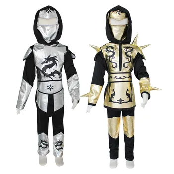 Ninja Kostüm Çocuklar Altın Gümüş Ejderha Ninja Kostüm Kapşonlu Gömlek Pantolon Kemer Maskesi Karnaval Kostüm