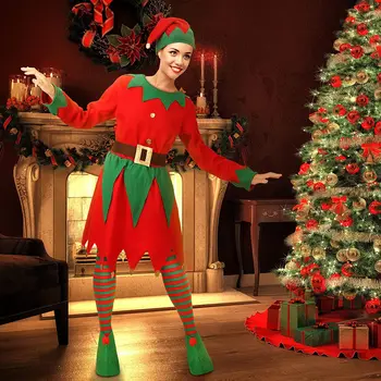 Noel Elf Kadın Kız Kostümleri Uzun Kollu Elbise ve Kemer Şapka Ayakkabı Çizgili Çorap Parti Rol Yapma Cosplay