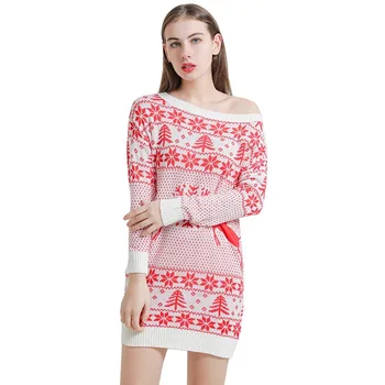 Noel Jakarlı Örme Kazak Elbise Uzun Kollu Noel Kazak Mini Elbise Kış sıcak Rahat Gevşek Kazak 2022 Yeni