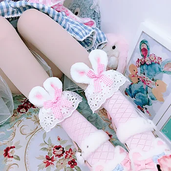 Pembe Kız Kawaii Lolita Çorap Sevimli Tavşan Kulaklar İlmek Japon Gotik Dantel Ruffles Çorap Pamuk Lolis Cosplay Aksesuarları