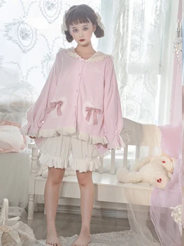 Pembe Lolita Pijama İlmek Tatlı Kız Güzel Gecelik İki parçalı Set Kızlar Uzun Kollu Loli Pijama Takım Elbise Şort