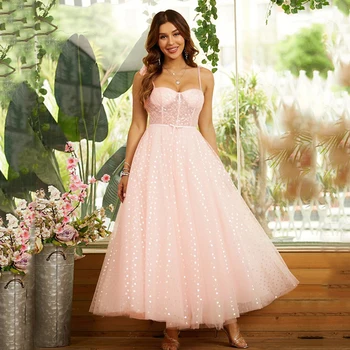 Pembe Sevgiliye Mezuniyet Elbiseleri A-Line Spagetti Kayışı Ayak Bileği Uzunlukta Parti Elbise parlak pullar Tül Balo elbisesi Vestidos
