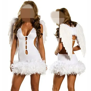 Popüler Siyah Beyaz Seksi Melek Kostüm Cadılar Bayramı Cosplay Lingerie Elbise Kadınlar Fallen Angel Kostüm Karnaval Parti Kostüm