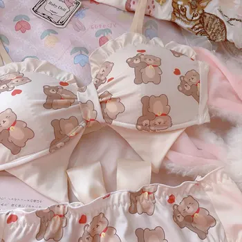 Prenses hugs ayı iç çamaşırı Japon sevimli tatlı girly tarzı yay küçük göğüs iç çamaşırı sutyen setleri büyük boy bralette