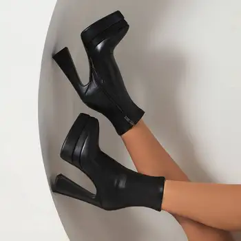 REAVE KEDI Bayanlar Çizmeler 15 cm Mil Sıkı Çorap Sivri Burun Garip Yüksek Topuk 6 inç Çift Platformu 5 Zip Büyük Boy 46 Parti