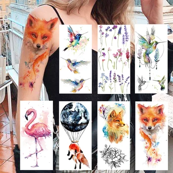 Renkli Tilki Hummingbird Geçici Dövmeler Sticker Gerçekçi Sahte Takı Lavanta Gezegenler Dövme Kadınlar İçin Seksi Vücut Sanatı Dövmeler