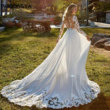 RODDRSYA Şifon Dantel düğün elbisesi Beyaz Illusion Aplikler Backless robe de mariée bohème gelinlikler Plaj Sweep Tren 2023