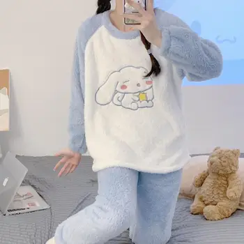 Sanrios Anime Hello Kitty Cinnamoroll Benim Melody Kawaii Kış Ürünleri Pijama Kalın Sıcak Facecloth Ev Giyim Takım Elbise Kız Hediye