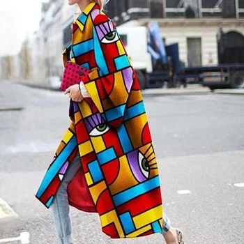 Sonbahar Tasarım Yeni Kadın Moda Uzun Kollu X-Uzun Baskı Trençkot Tek Göğüslü Gevşek Rüzgarlık Giyim Palto