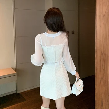 Sonbahar Tatlı Kore Takım Elbise İki Parçalı Kıyafetler Kadınlar İçin Dantel Up Reffles Kısa Üstleri A-line Mini Etekler Ofis Bayan 2 Parça Set Mujer