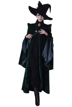 (Stokta) yüksek Kaliteli Profesör Minerva McGonagall Cosplay Kostüm Yeşil Elbise Pelerin Kadife Pelerin Cadılar Bayramı Karnaval Kostüm