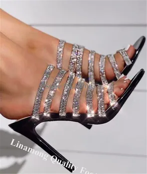 Taslar Bling Siyah Gümüş Kristal Bantlar Topuk Elbise Ayakkabı Düğün Stiletto Topuklu Parlayan Bling Linamong Terlik Askıları
