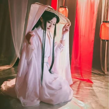 Tian Guan Ci Fu Xie Lian Cosplay Kostüm Peruk Bambu Şapka Prop Beyaz HanFu Kıyafet Cadılar Bayramı Bez Cennet Resmi Nimet Şapka