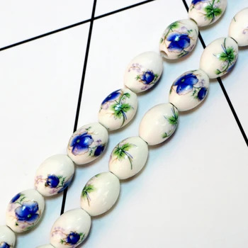 Toptan 200 adet / grup Beyaz Çeşitli Çiçek Desenli Boncuk 11x15mm Oval Şekil Seramik Boncuk Dekorasyon İçin El Yapımı DIY Malzeme