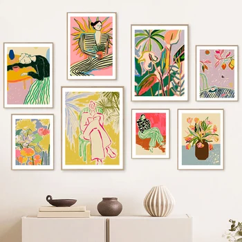 Vintage Soyut Çizgi Kadın Çiçek Modern duvar sanatı tuval yağlıboya İskandinav Posterler Ve Baskılar Duvar Resimleri Için Oturma Odası Dekor