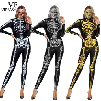 VIP MODA Kadın Cadılar Bayramı Partisi İskelet Baskılı Komik Zentai Kadınlar Karnaval Kostümleri Catsuit Bodysuit Bodycon Tulum