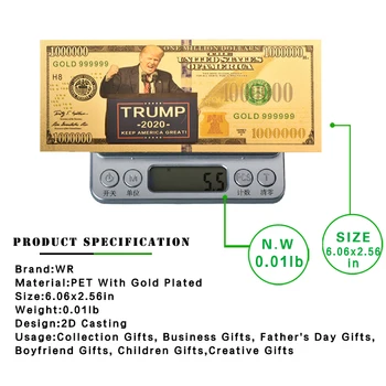 WR Altın Banknot ABD Başkanı Donald Trump 2022 Kampanyası Renkli Altın Kaplama Sahte Para 1 Milyon Koleksiyon İş Hediyeler