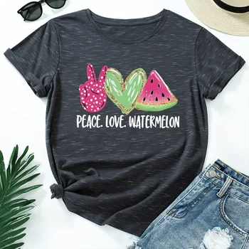Yaz Kadın T Shirt Pamuk Çok Yönlü Barış Aşk Karpuz Baskı Grafik Tees Tops Kısa Kollu O-boyun Rahat Büyük Boy Tişörtleri