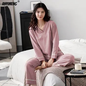Yeni Bahar Sonbahar kışlık pijama Moda Kadın Pijama Mor Kıyafeti Zarif V Yaka Homesuit Yumuşak Pamuklu Pijama Kızlar için