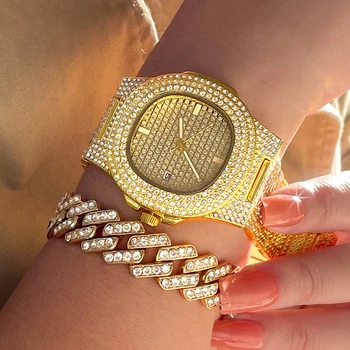 Yeni Buzlu Out Lüks Erkekler Kadınlar İzle Bilezik Altın Gümüş Rhinestone Takvim kuvars saatler Relogio Feminino Moda Saat Hediye