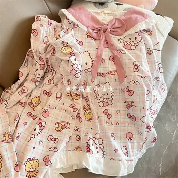 Yeni Kawaii Sevimli Sanrio Hello Kitty Pijama Ev Giysileri Takım Elbise İlmek Falbala Ins Sevimli Kız noel hediyesi Kız Arkadaşı İçin