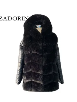 ZADORIN Moda kışlık kürk palto Kadınlar Deri Çıkarılabilir Kollu Faux Kürk Ceket Kapşonlu Kadın Ön Fermuar Faux Kürk Ceket