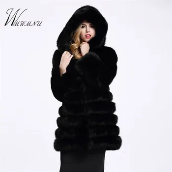 Zarif Faux Fox Kürk Ceket Kadınlar Kış casual Sıcak Lüks Sahte Kürk ceket Yeni Moda kabarık Palto Kadın Kapşonlu Ceket Palto