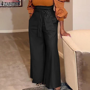 Zarif Kadın PU deri pantolon 2022 ZANZEA Moda Sonbahar Geniş Bacak Pantolon Katı Uzun Çalışma Pantalon Büyük Boy Yüksek Bel Palazzo