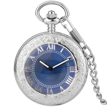 Şık Mavi Kadran Mekanik Kendinden Rüzgar cep saati Zarif Gümüş Fob Zincir Kolye Otomatik Cep Timepiece Hediyeler Erkek